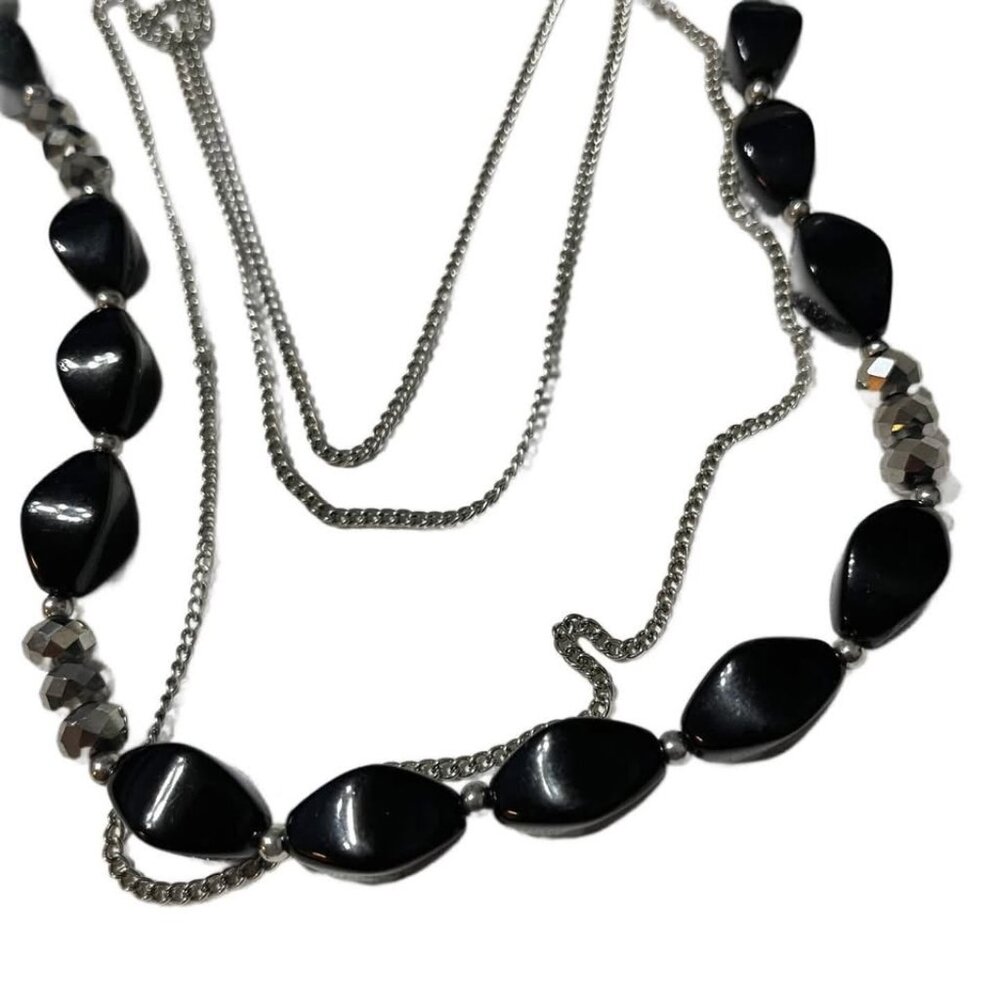 Black Resin and Bead Necklace with Multi-chain layering